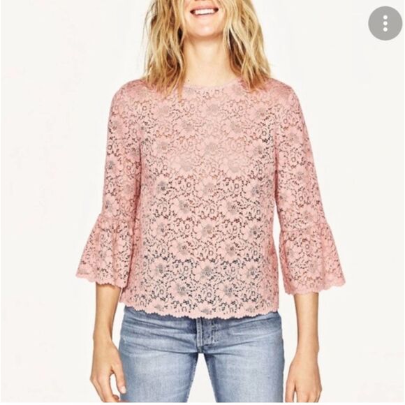 Zara Woman Pink Lace bell sleeve blouse size M - Picture 1 of 6
